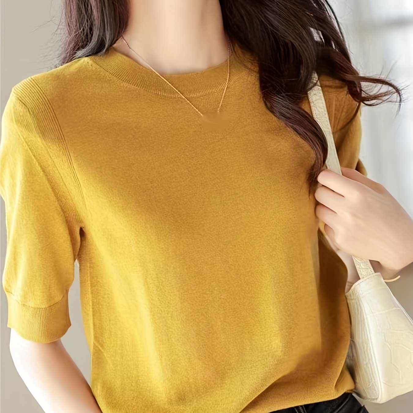 Half Sleeve Knit Sweater Crew Neck Solid Sweater For Spring & Summer