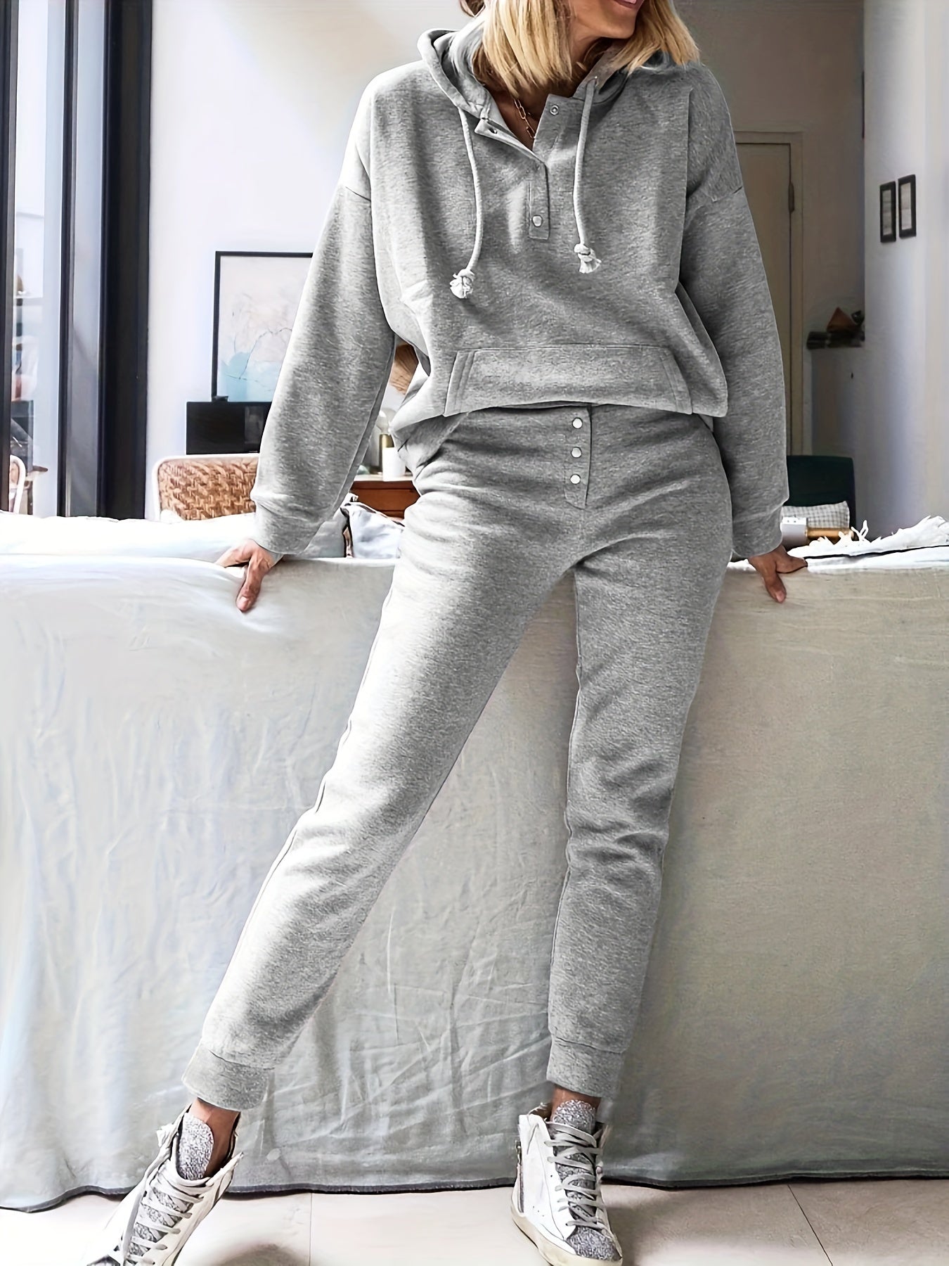 Sporty Outfit Set: Solid Half Button Hoodie & Joggers Two Piece Set