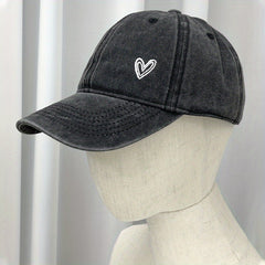 Vintage Washed Cowboy Baseball Cap with Heart Embroidery