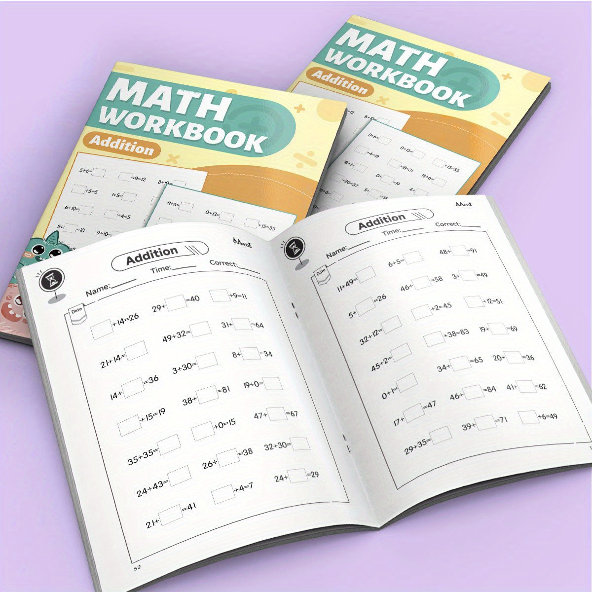 Kids' Fun Math Workbook Addition Easy Colorful Cartoon Style Illustrations