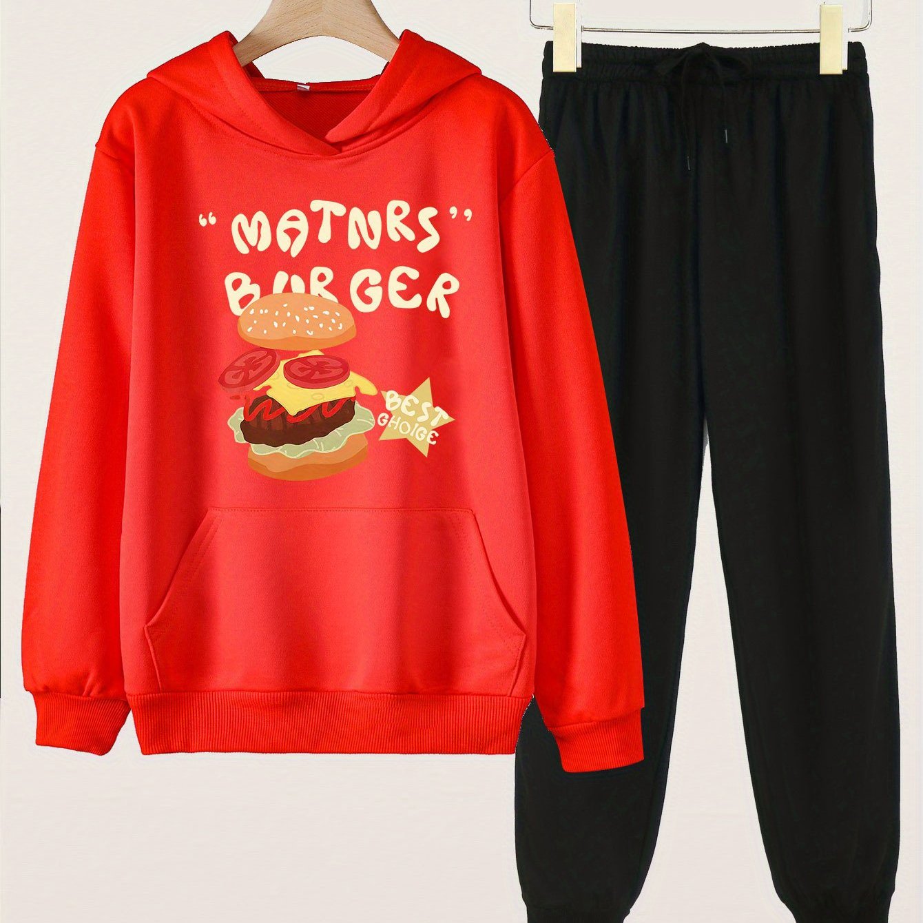 Burger Print Hoodies & Jogger Pants Set for Girls