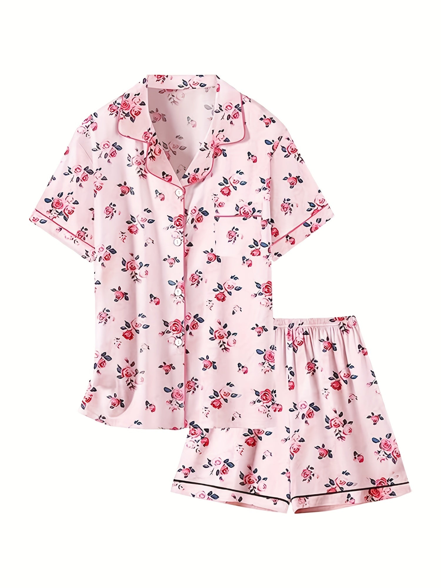 Girls 2pcs Pajamas Top & Shorts Solid Short Sleeve Button Front PJ Set