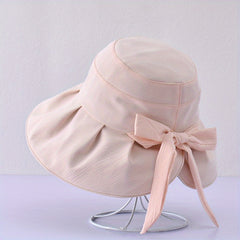 Bowknot Pleated Bucket Hat Wide Brim Sunscreen Beach Hat For Women
