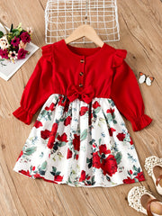 Floral Button Bow Ruffle Trim Princess Dress for Spring
