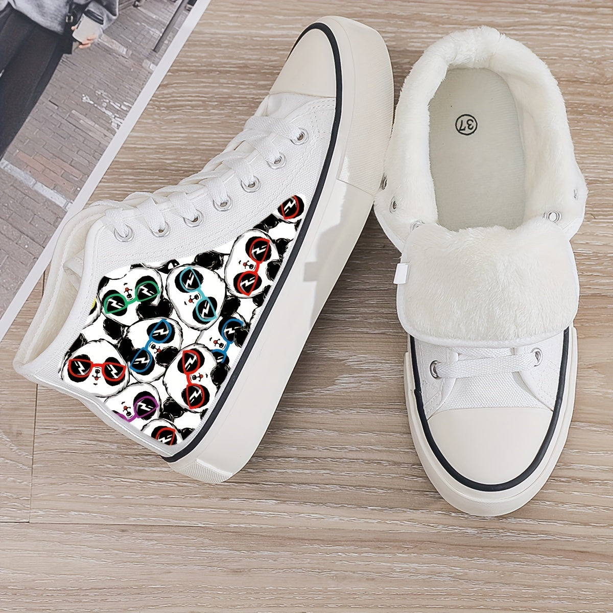 Panda Print Plush Lined Chunky Sneakers for Fall Winter