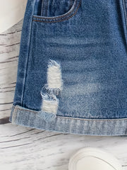 Girls Casual Ripped Denim Shorts Elastic Waist Comfortable Daily Wear