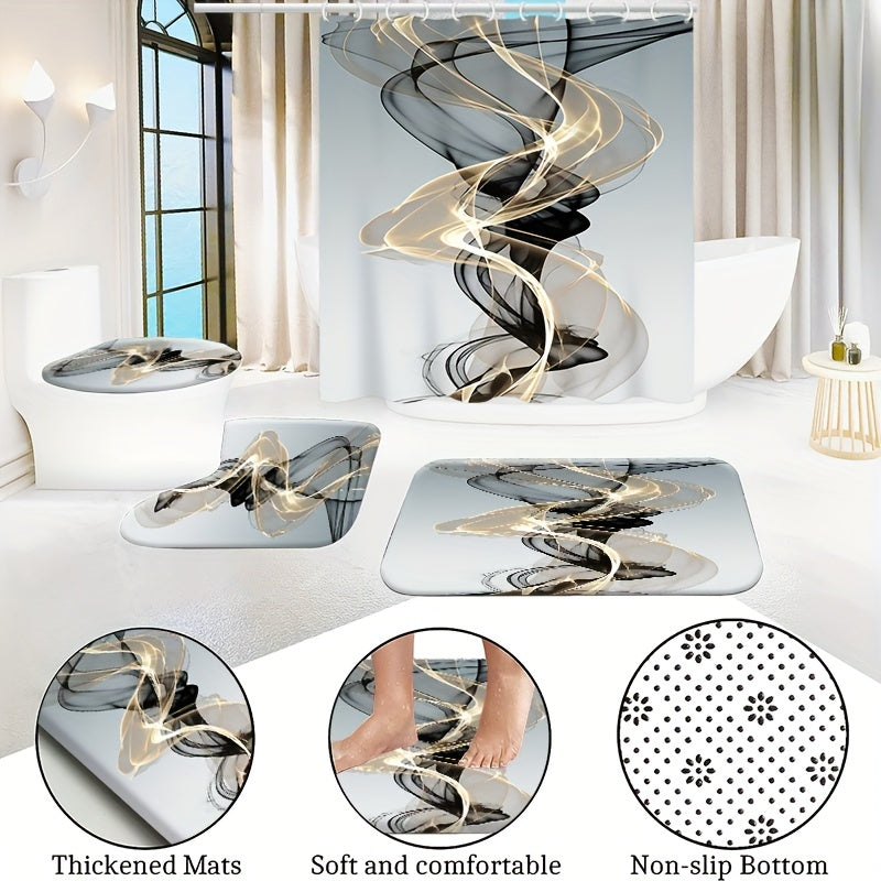 4pcs Modern Art Shower Curtain Set with Non-Slip Bathroom Rug