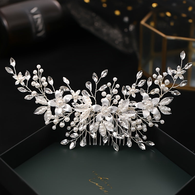 Leaf Flower Bride Wedding Hair Comb Faux Pearl Bridal Hair Piece Crystal