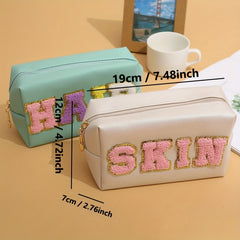 Chenille Letter Preppy Patch Makeup Bag Waterproof PU Leather Cosmetic Bag
