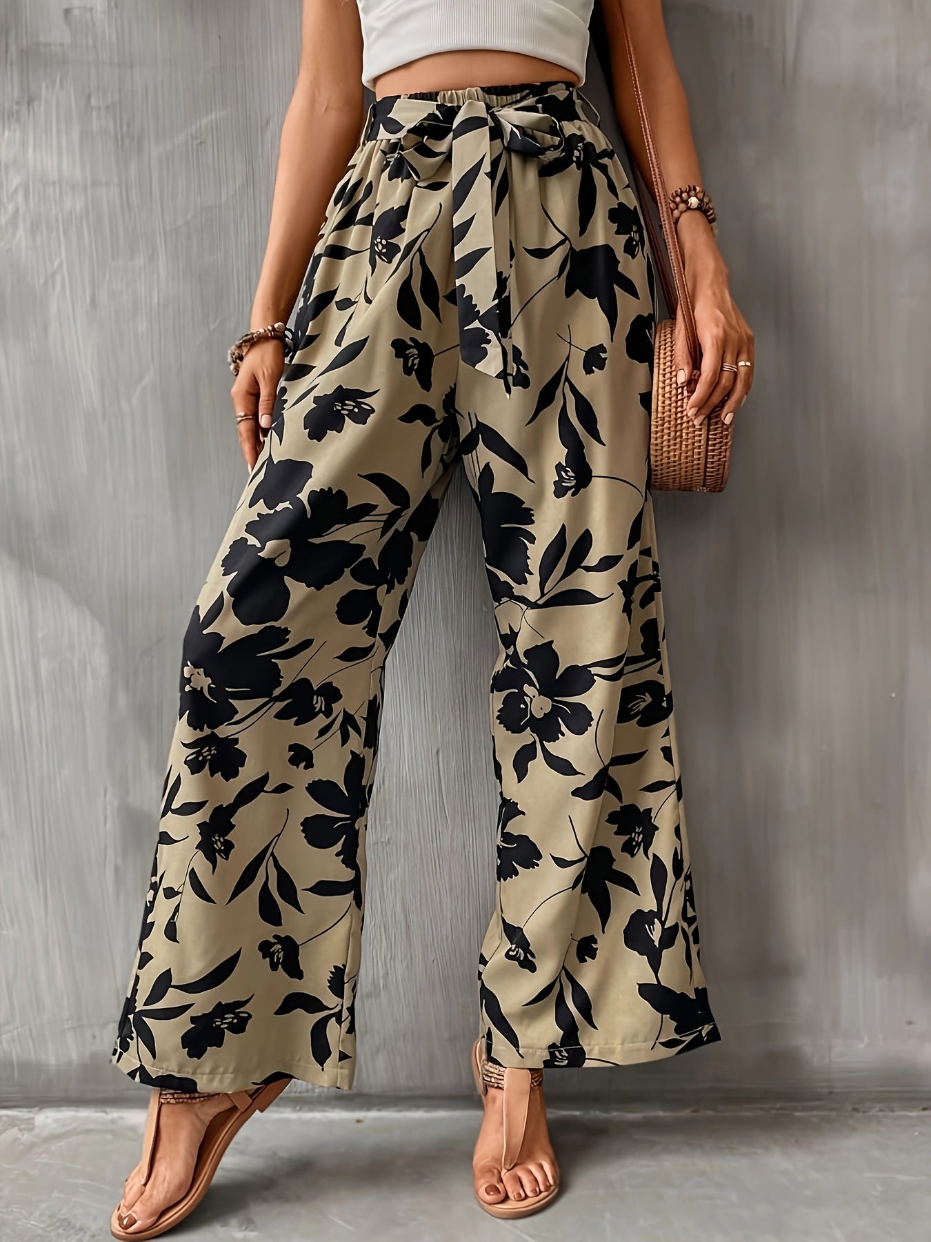 Floral Print Wide Leg Pants with Knot Detail