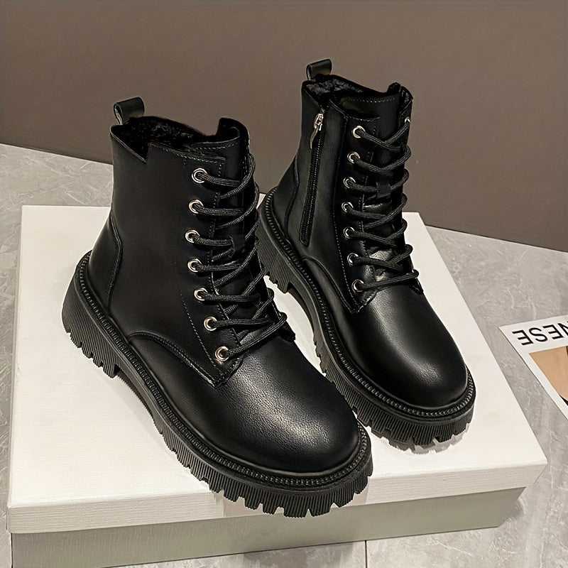 Women's Plush Lined Combat Boots Lace Up Side Zipper Winter Ankle Boots