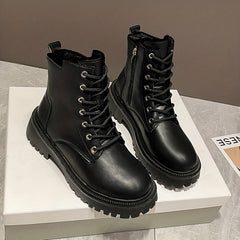 Women's Plush Lined Combat Boots Lace Up Side Zipper Winter Ankle Boots
