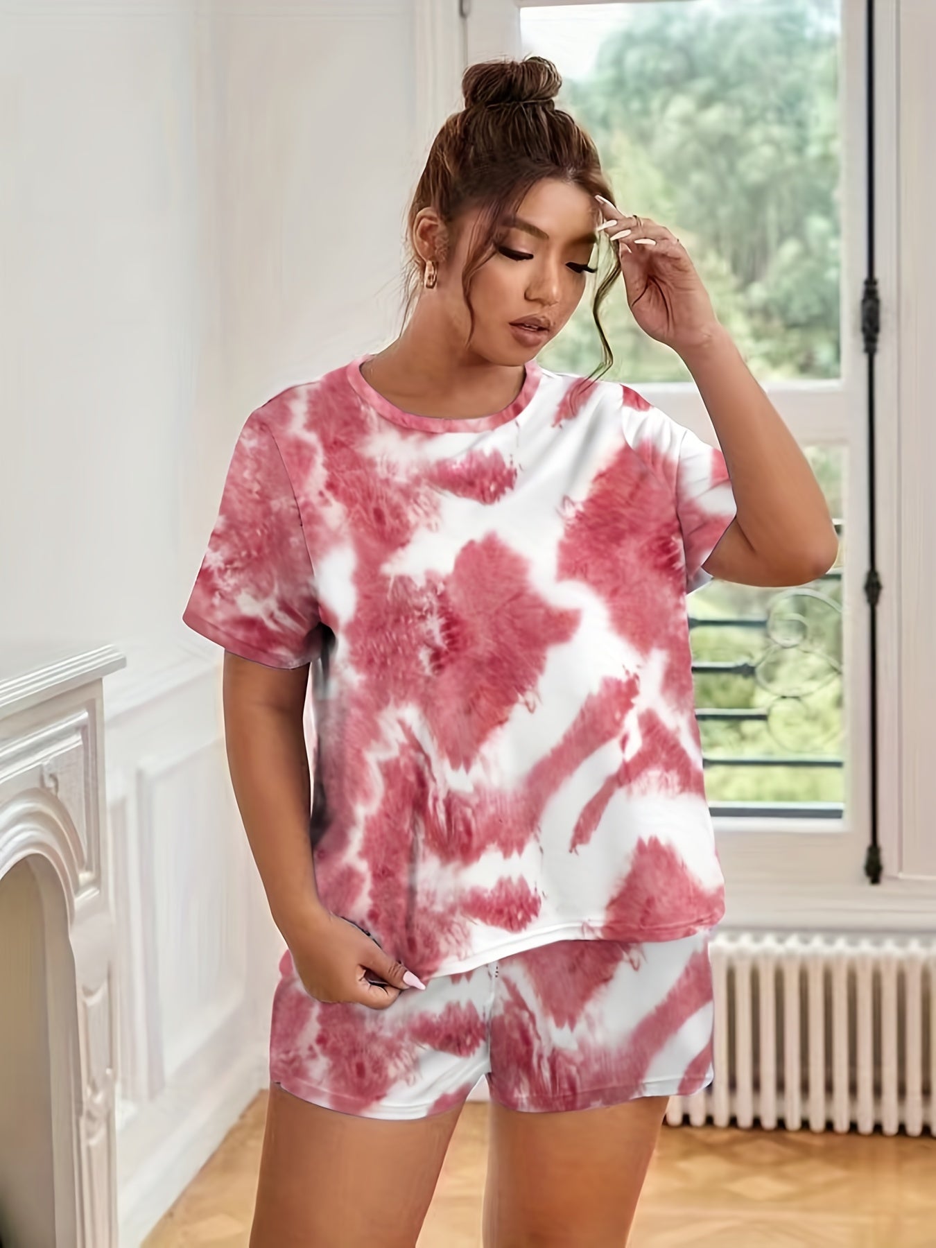 Tie Dye Tee & Shorts Set Women's 2pcs Home Wear