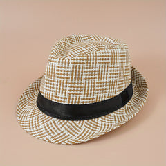 Plaid Striped Jazz Fedora Cap Straw Sun Hat British Style Trilby Hats