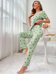 Heart Print Short Sleeve Pajama Set