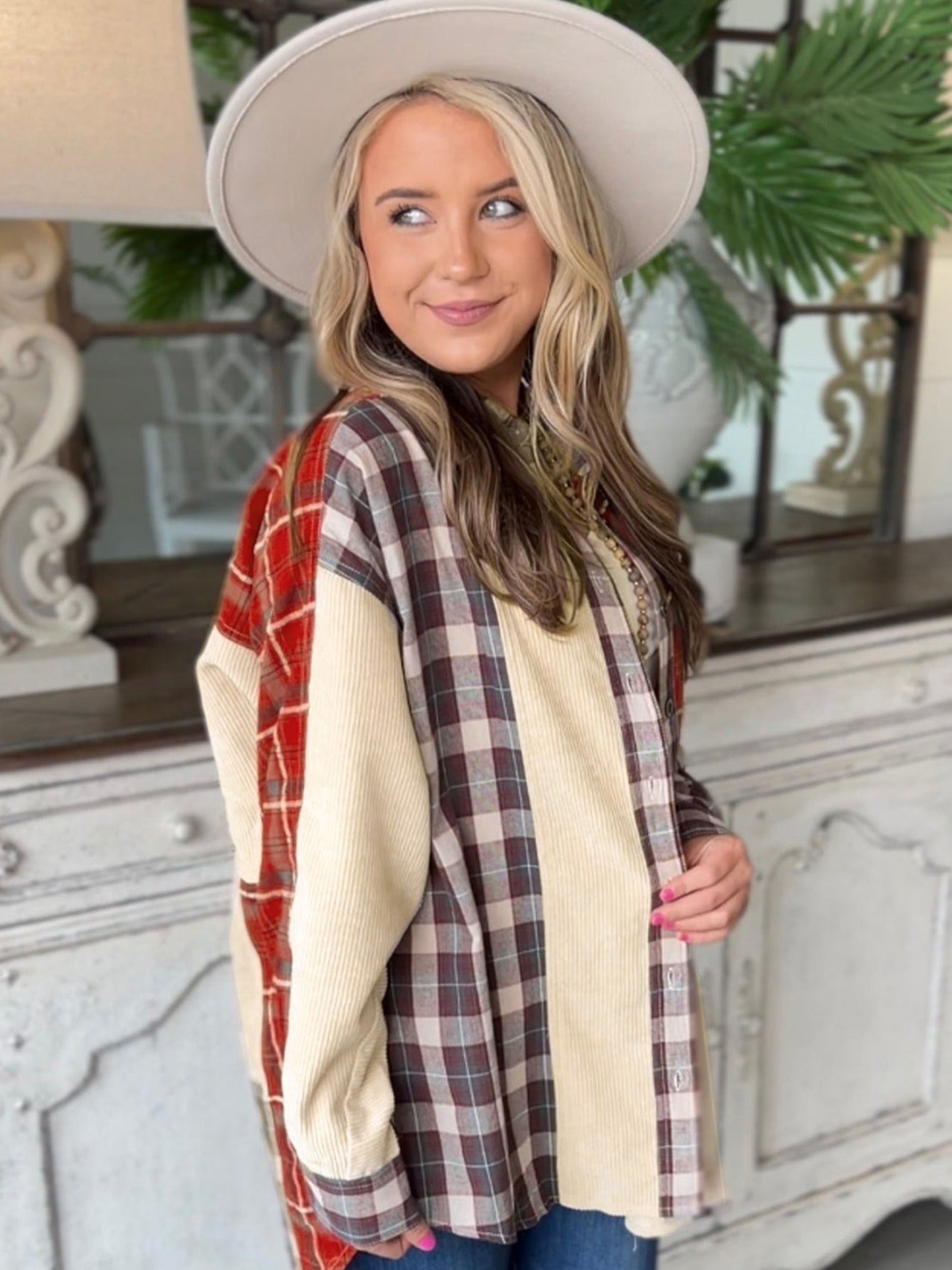 Plaid Corduroy Patchwork Shacket Long Sleeve Jacket
