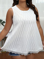 Casual Tank Top Women's Plus Solid Jacquard Round Neck Contrast Lace