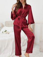 Satin Pajama Set Long Sleeve Top & Pants Women's Sleepwear