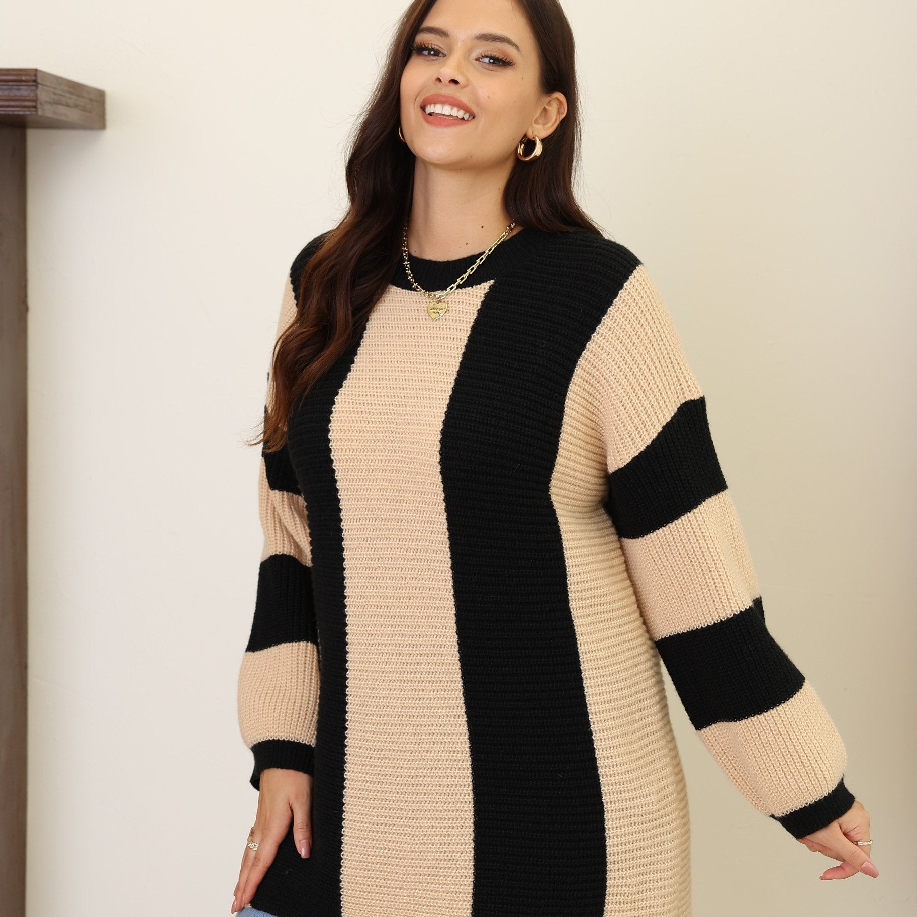 Casual Sweater Women's Plus Stripe Print Long Sleeve Round Neck Jumper