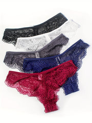5pcs Floral Lace Panties Soft & Comfy Low Waist Stretchy Panties