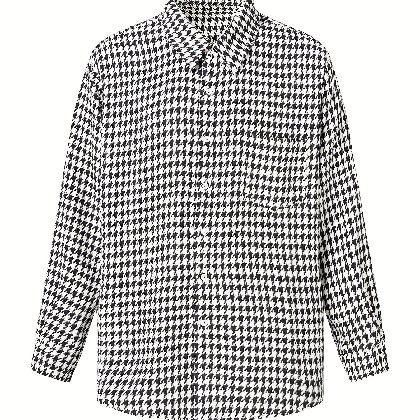 Men's Houndstooth Shirt Chest Pocket Casual Lapel Button Up Long Sleeve Shirt