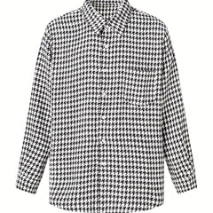 Men's Houndstooth Shirt Chest Pocket Casual Lapel Button Up Long Sleeve Shirt
