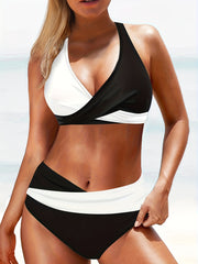 Colorblock Cross Front Halter Bikini Set