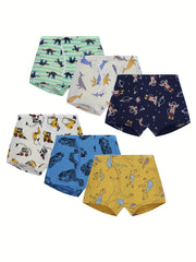 6pcs Boys Boxer Briefs Dinosaur Car Print Soft Comfortable Underwear