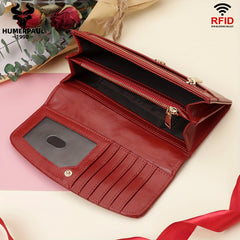 RFID Blocking Leather Wallet for Women & Men Zippered Long Clutch Purse