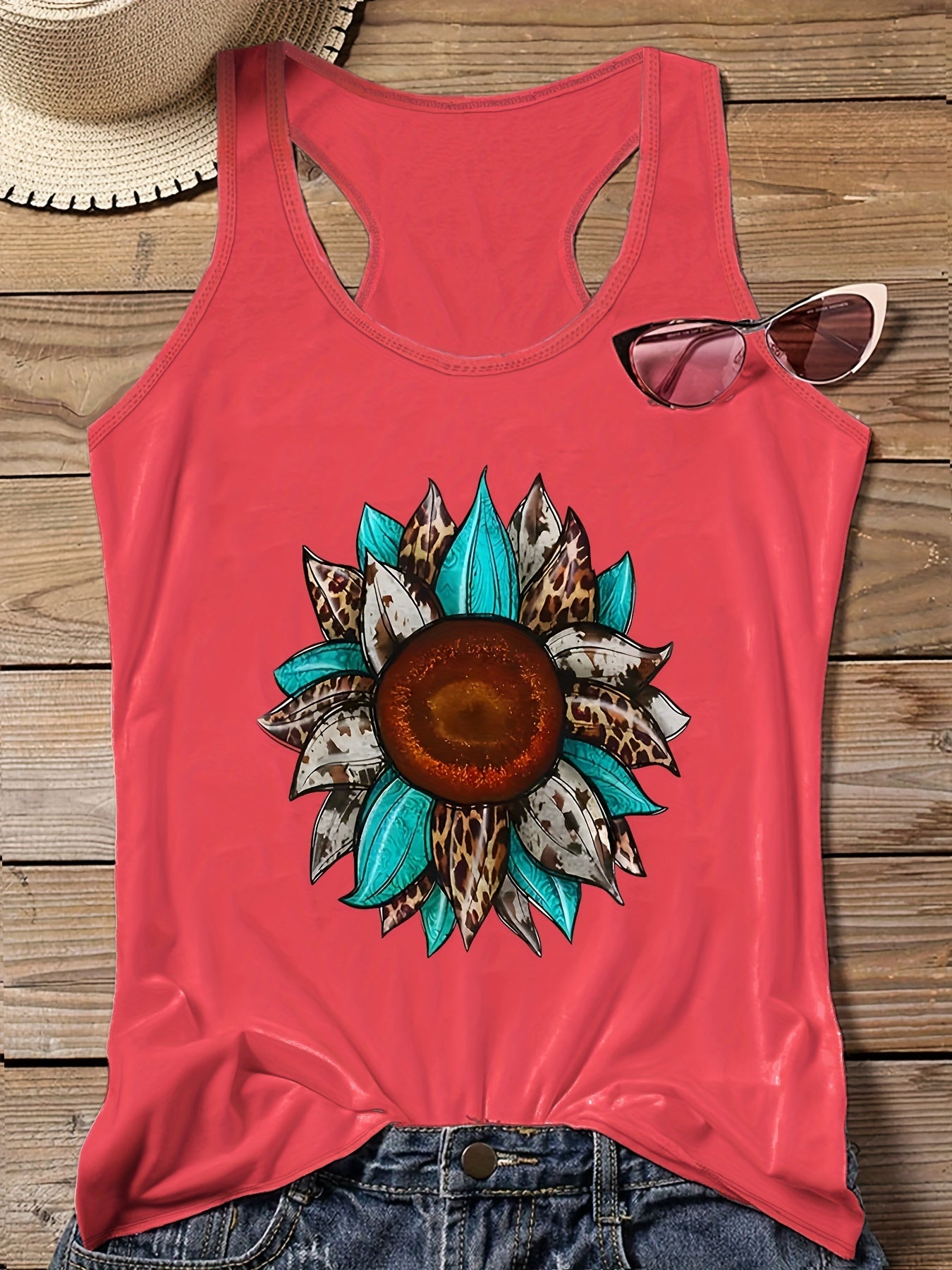 Casual Tank Top Women's Plus Leopard Sunflower Letter Print