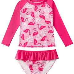 Flamingo Print Girls Swimsuit Long Sleeve Sun Protection