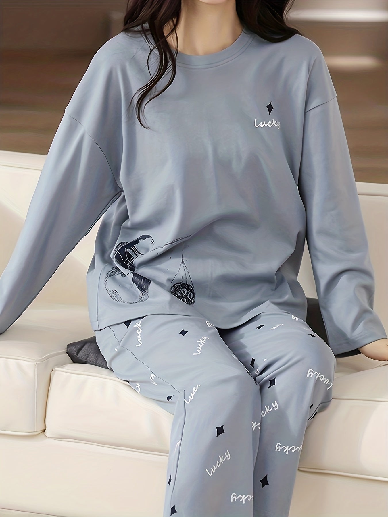 Letter Print Pajama Set Long Sleeve Top & Pants