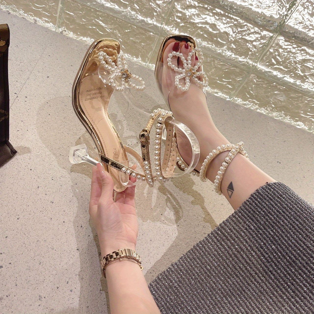 Women's Pearl Bow Sandals Ankle Strap Stiletto Glitter Dress Shoes