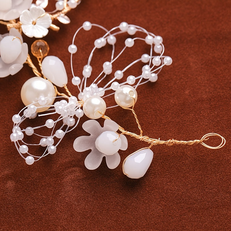 Boho Wedding Bride Pearl Crown Hairband Earrings Set Bridal Jewelry