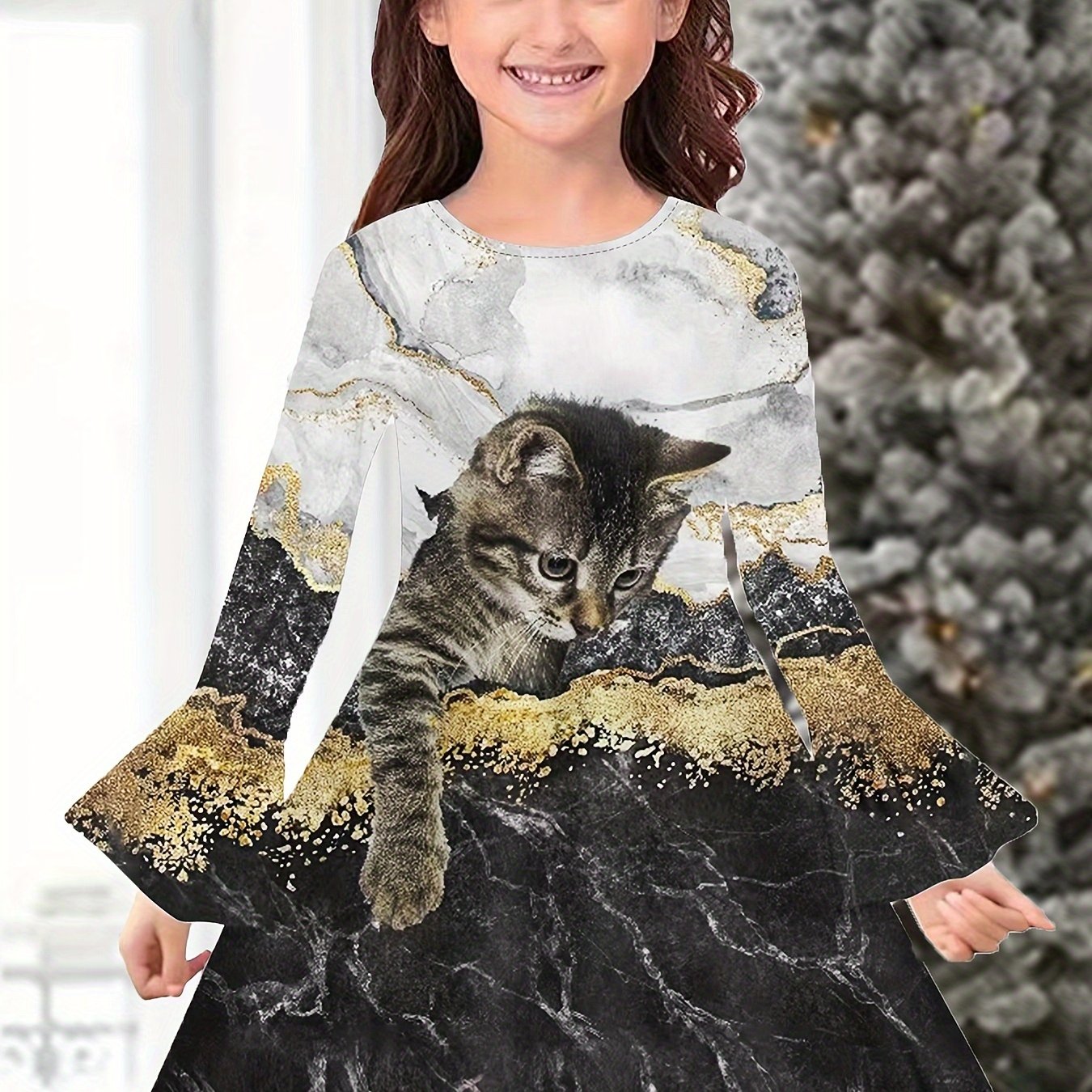 Girls Kitty Graphic Flare Long Sleeve Dress Cartoon Animal Print Dress