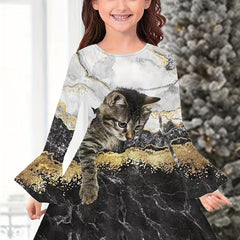 Girls Kitty Graphic Flare Long Sleeve Dress Cartoon Animal Print Dress