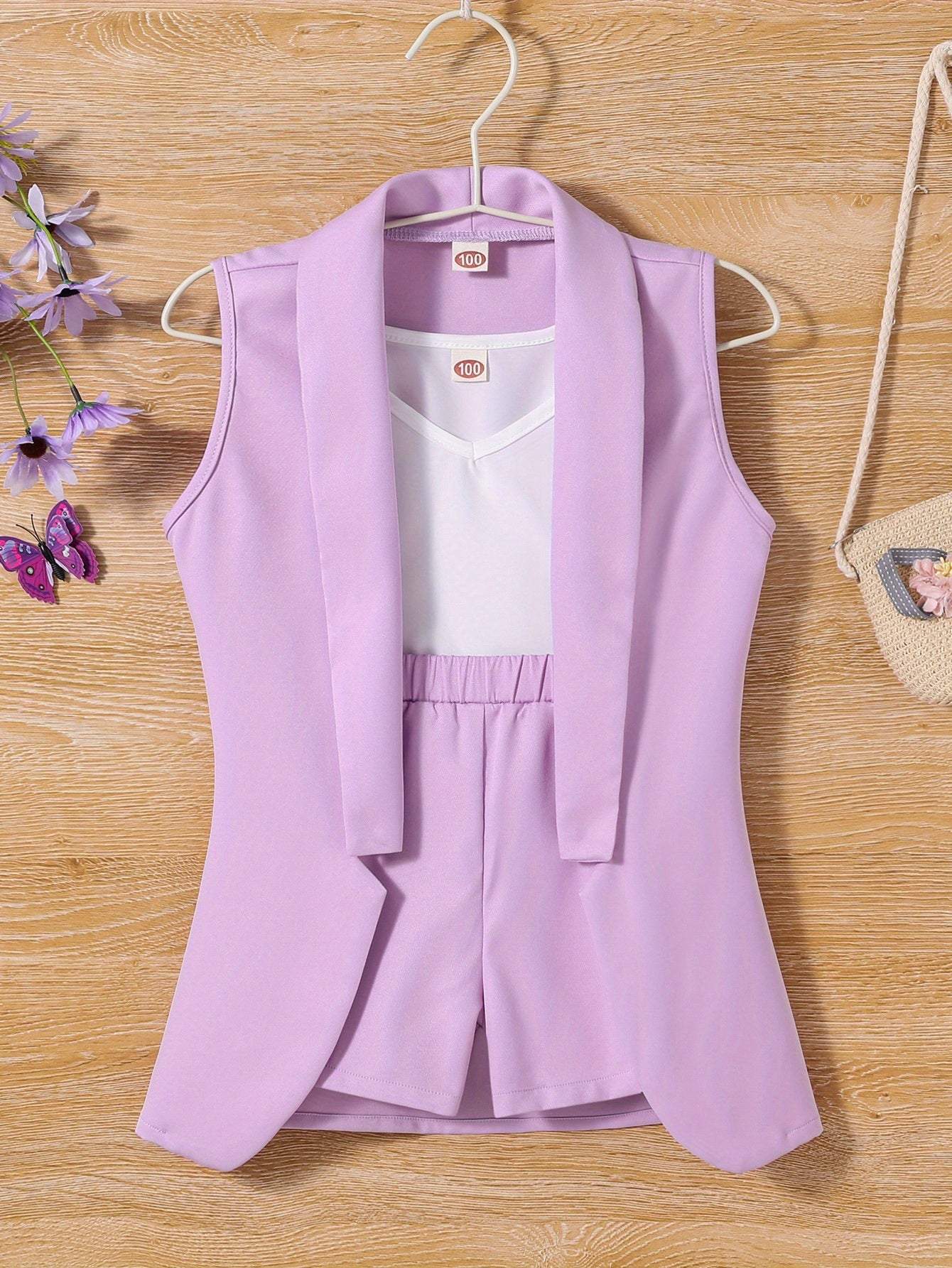 3pcs Toddler Girls Shawl Collar Vest & Shorts & Cami Top Set Summer Clothes