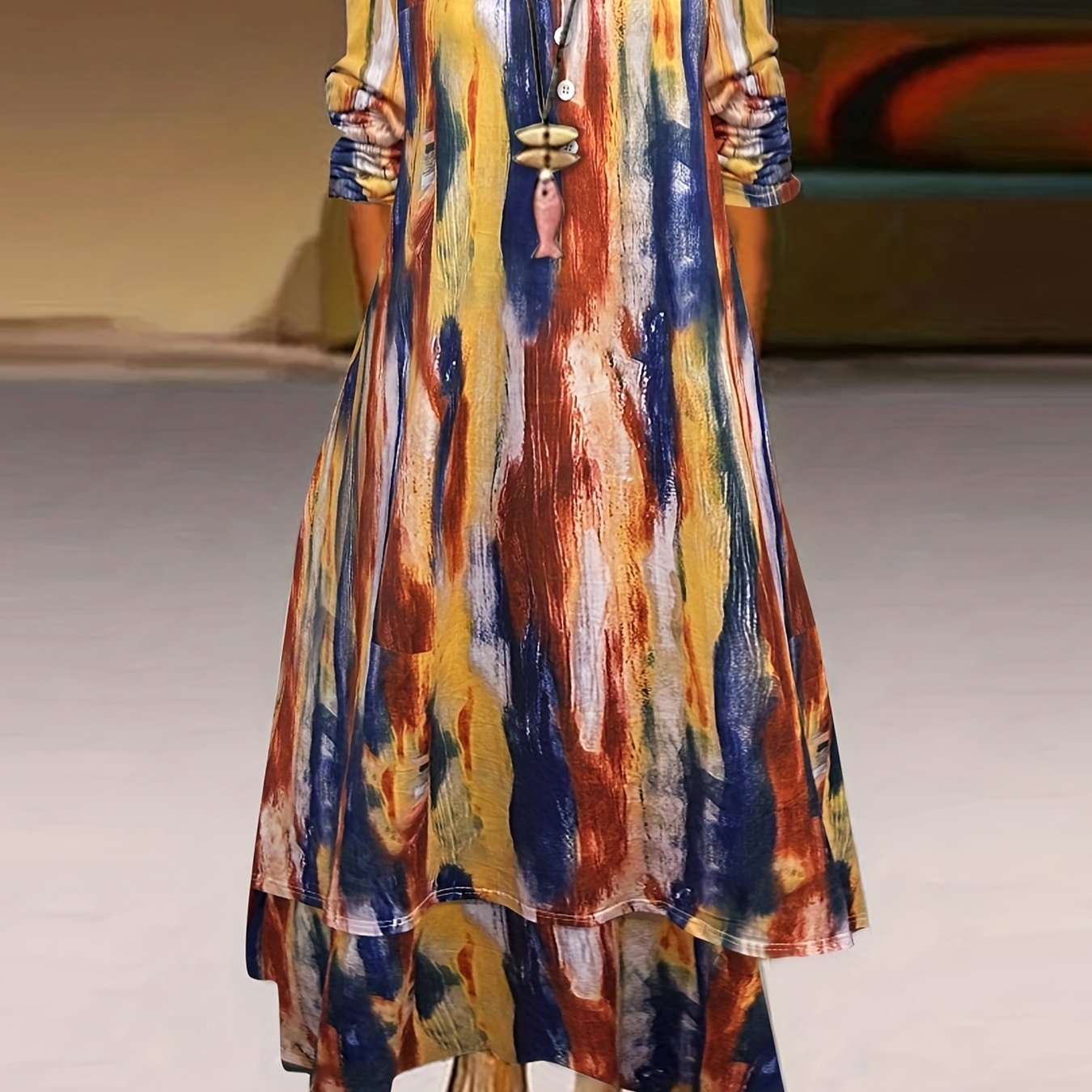Tie Dye Maxi Dress with V Neck and Pockets