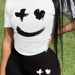 Smile Face Print 2pc Set Crew Neck Tee & Workout Shorts Women's Clothing