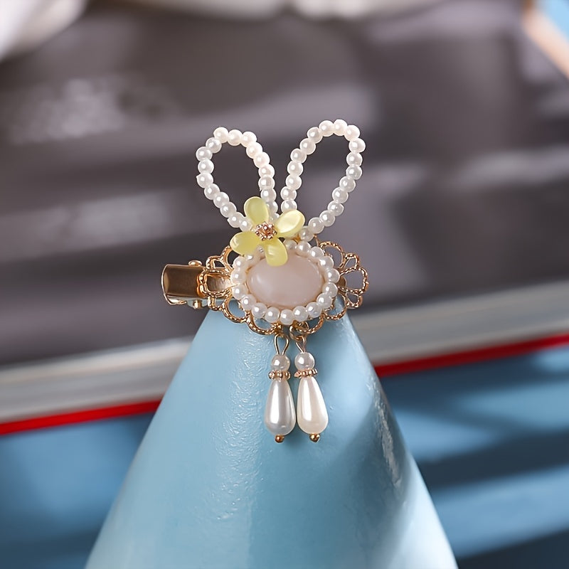 2Pcs Girls Chinese Hanfu Headdress Pearl Beaded Hair Clip Bunny Flower Tassel