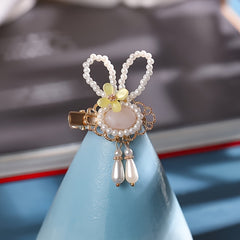 2Pcs Girls Chinese Hanfu Headdress Pearl Beaded Hair Clip Bunny Flower Tassel
