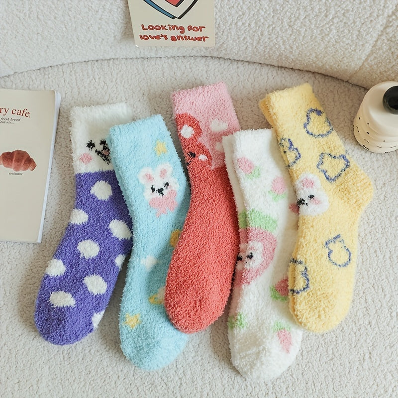 5 Pairs Bunny Print Socks Comfy & Fuzzy Women's Stockings