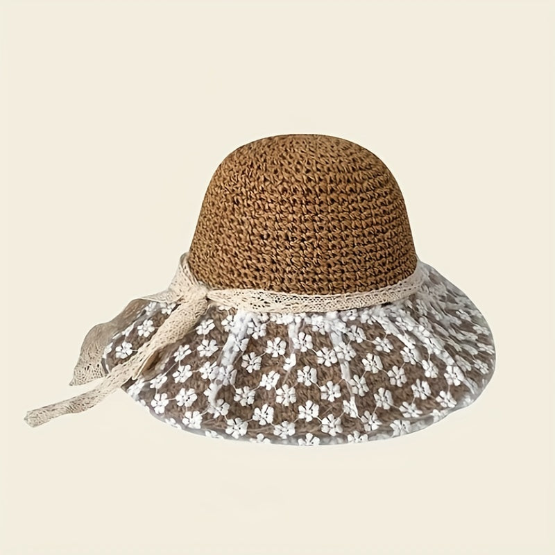 Lace Flower Ribbon Sun Hat Wide Brim Straw Hat Foldable Travel Beach Hats