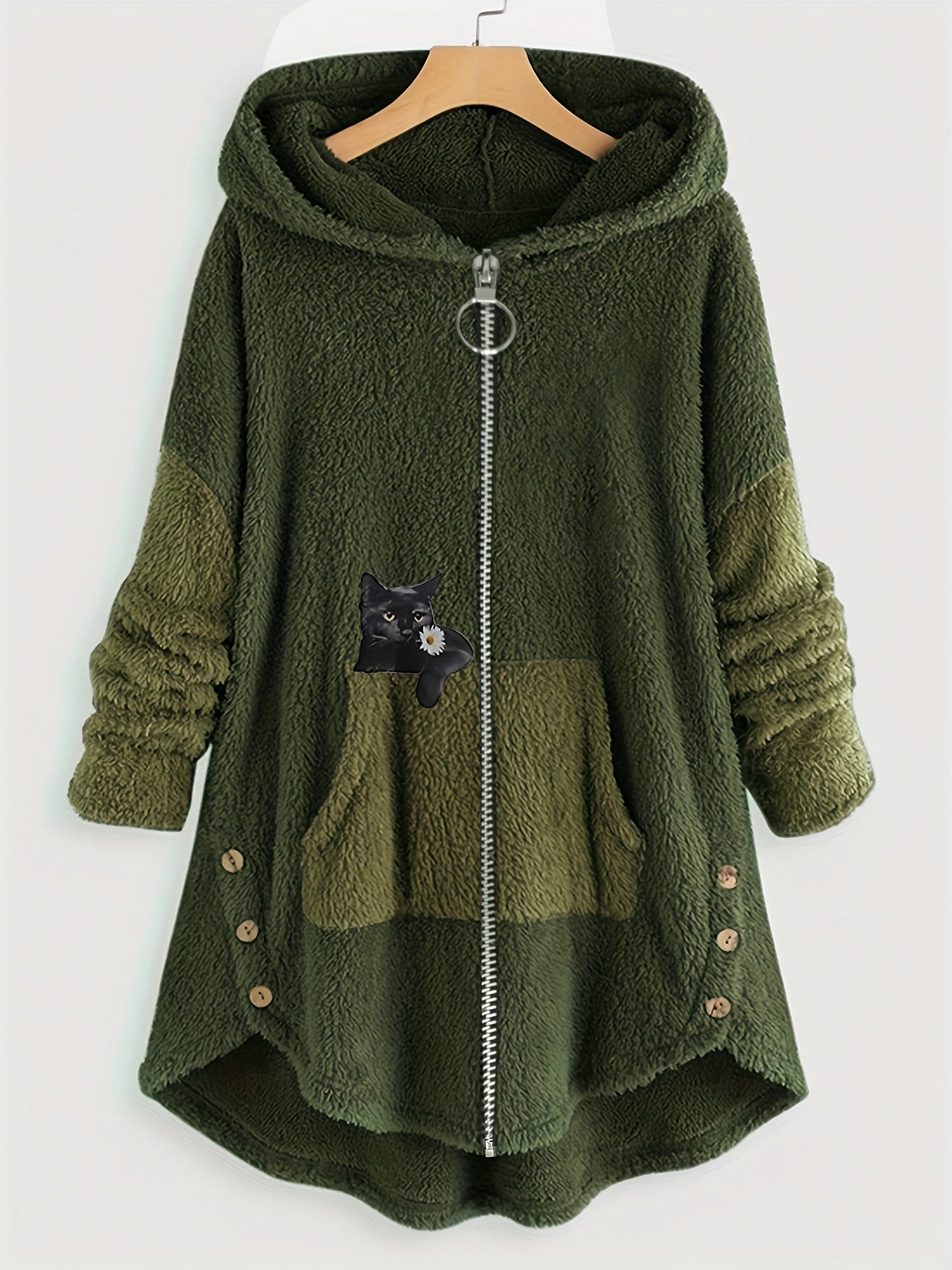 Cat Print Hooded Coat Warm Outerwear For Fall & Winter