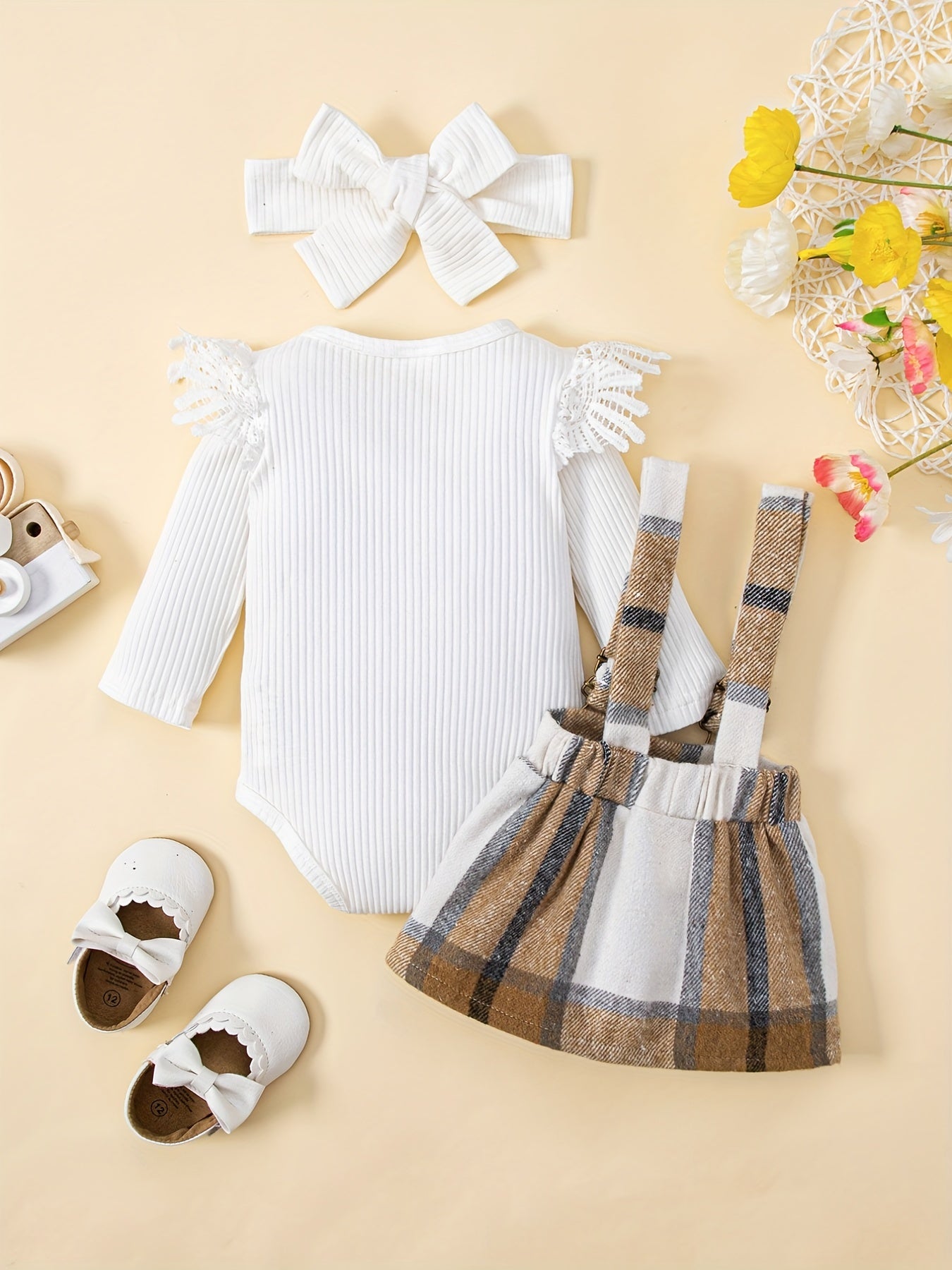 3pcs Baby Girls Long Sleeve Onesie & Plaid Suspender Skirt Set