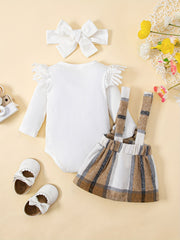 3pcs Baby Girls Long Sleeve Onesie & Plaid Suspender Skirt Set