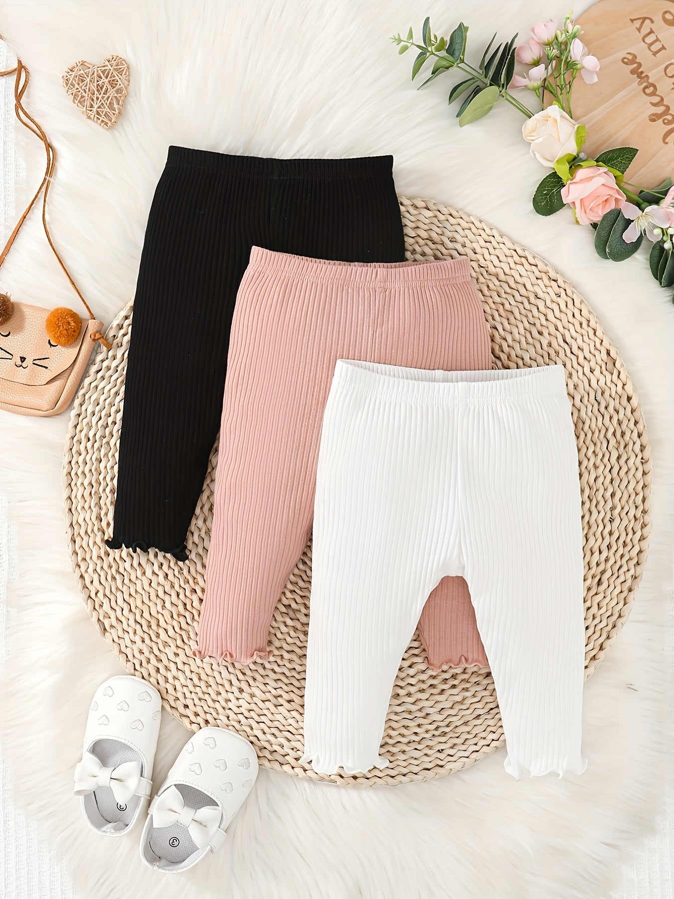 Baby Girl's Ribbed Knit Bottoming Trousers Set