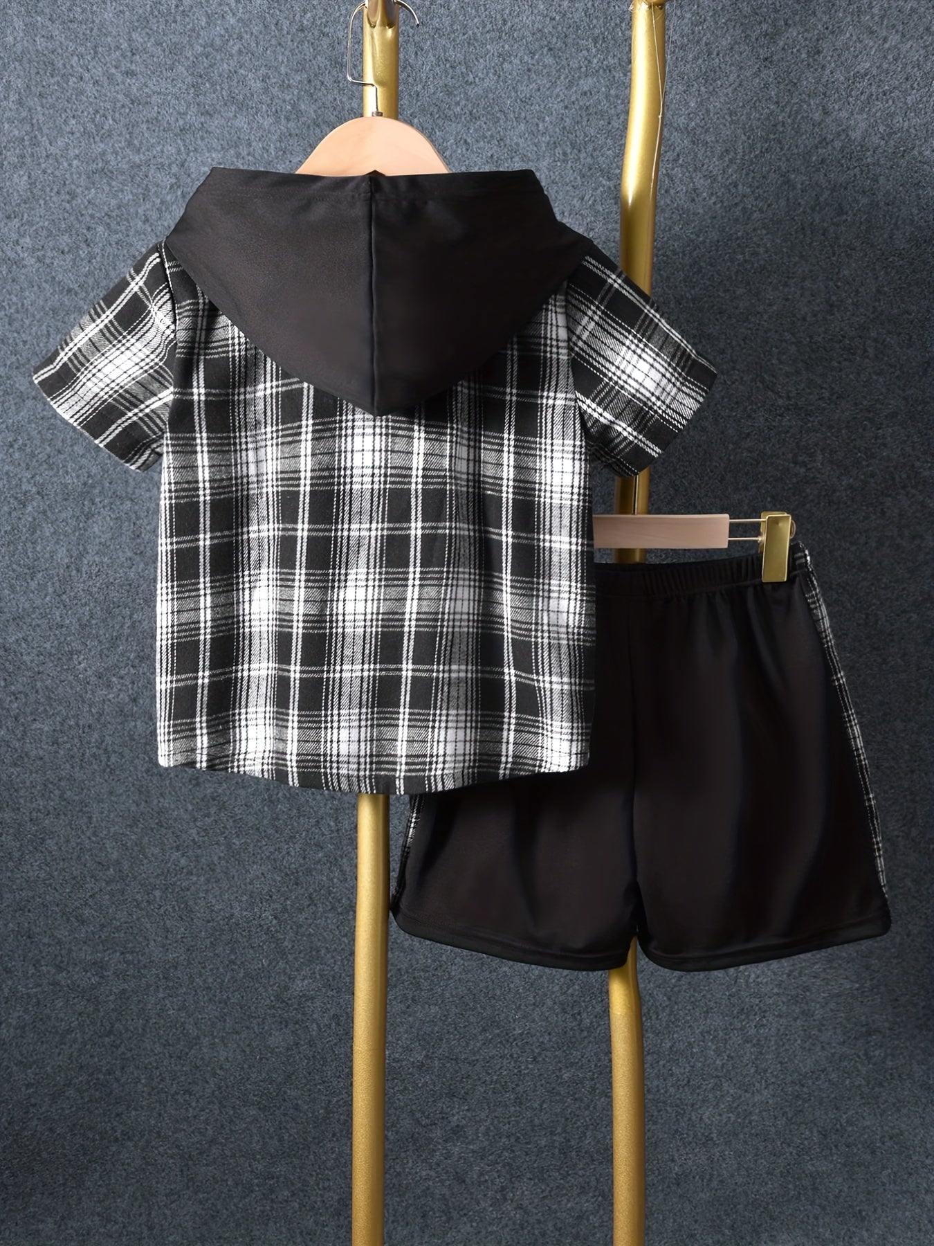 2pcs Baby Boys Plaid Short Sleeve Hooded Shirt & Shorts Set
