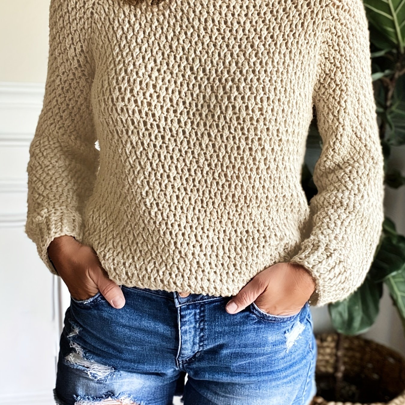 Solid Textured Long Sleeve Round Neck Sweater