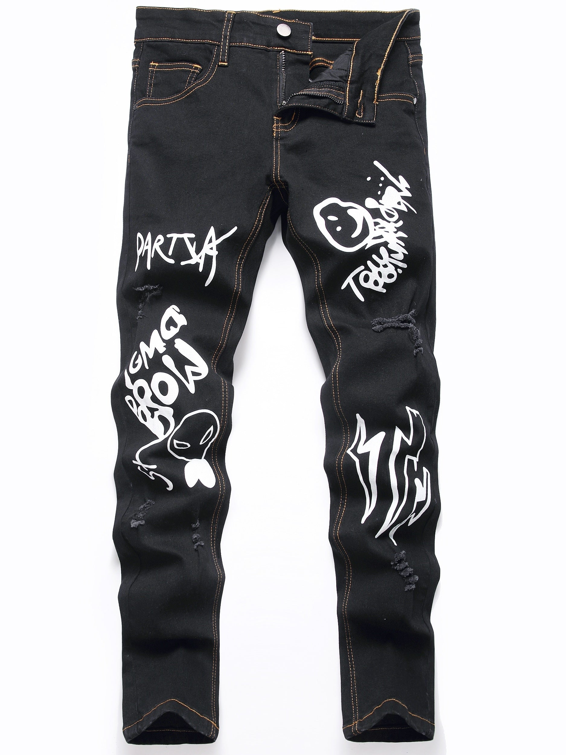 Boys Graffiti Letter Print Jeans Skinny Slim Fit Washed Denim Long Pants